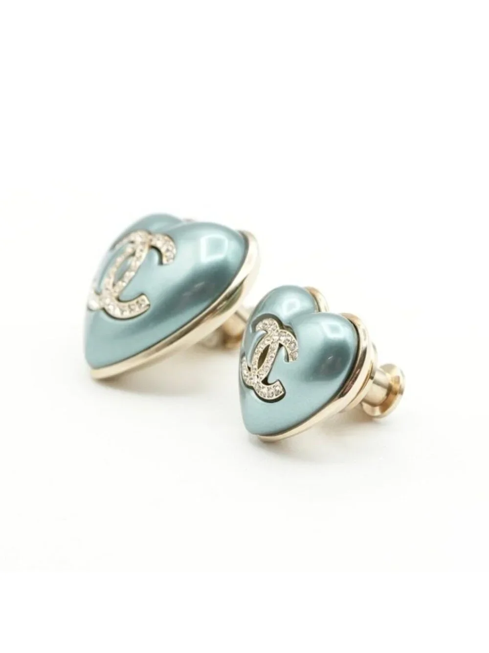 Chanel Brooch Corsage Blue Gold Pin Heart Rhinestone Set Of 2